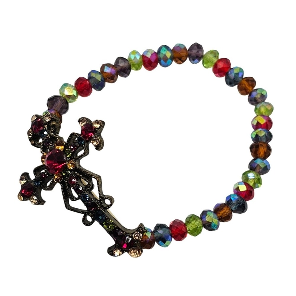 Gun Metal Cross Religious Rainbow Glass Beads‎ Stretchy Faith Christian Bracelet